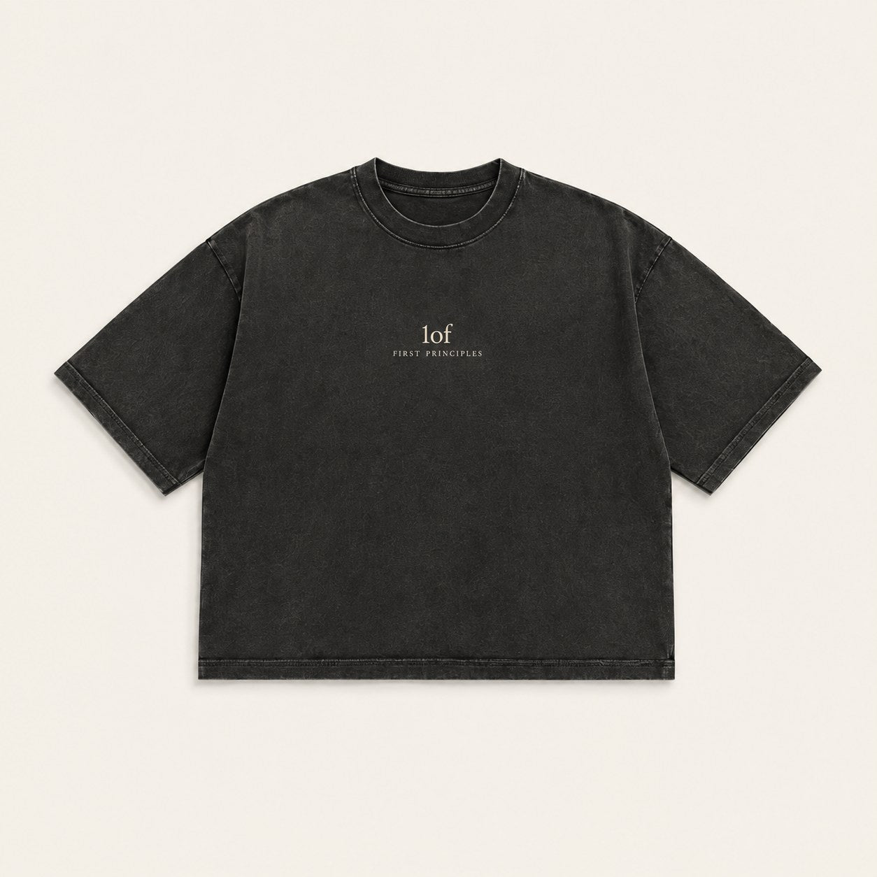 Generated ASCENT concept: front of a dark gray oversized shirt with a small 1of / FIRST PRINCIPLES chest mark.