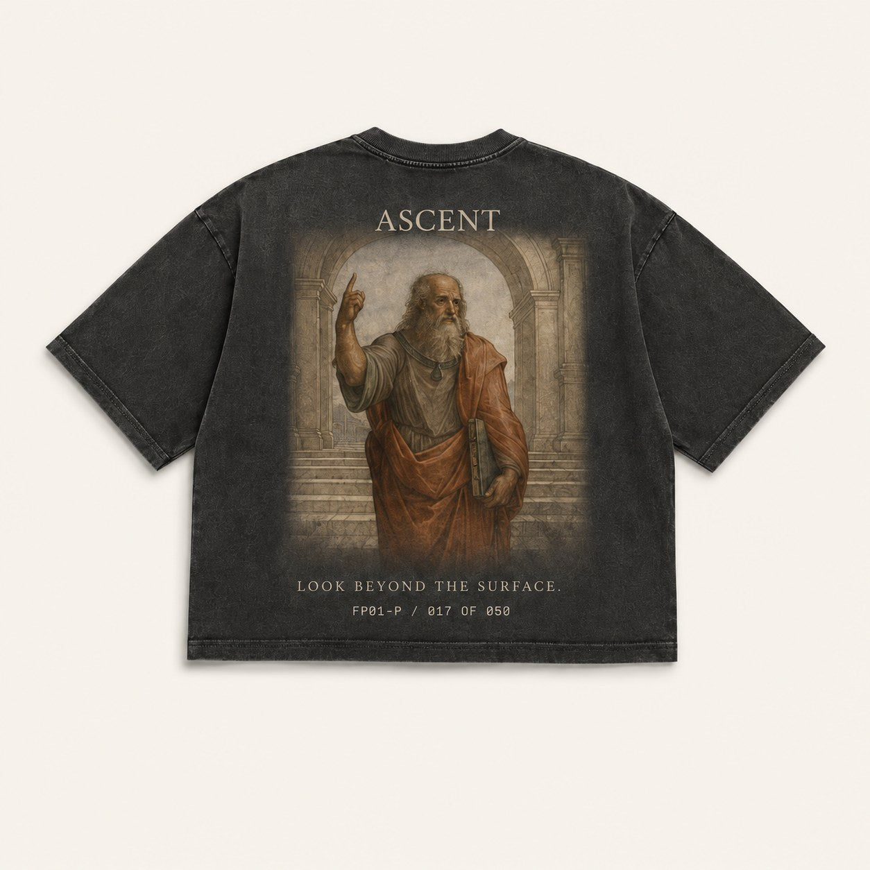 Generated ASCENT / Plato concept: back of a dark gray oversized shirt with a fully clothed painted figure and LOOK BEYOND THE SURFACE lettering.