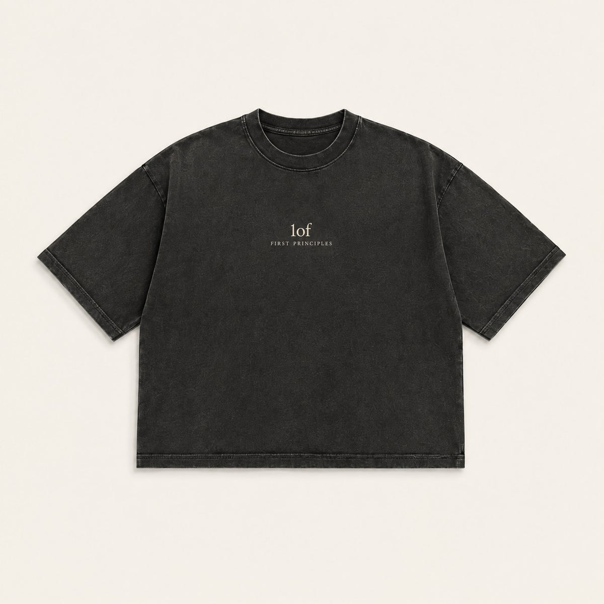 Generated ASCENT concept: front of a dark gray oversized shirt with a small 1of / FIRST PRINCIPLES chest mark.