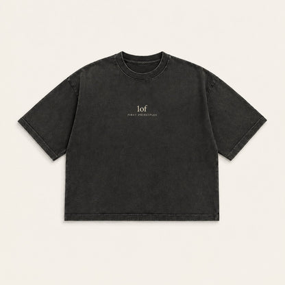Generated ASCENT concept: front of a dark gray oversized shirt with a small 1of / FIRST PRINCIPLES chest mark.