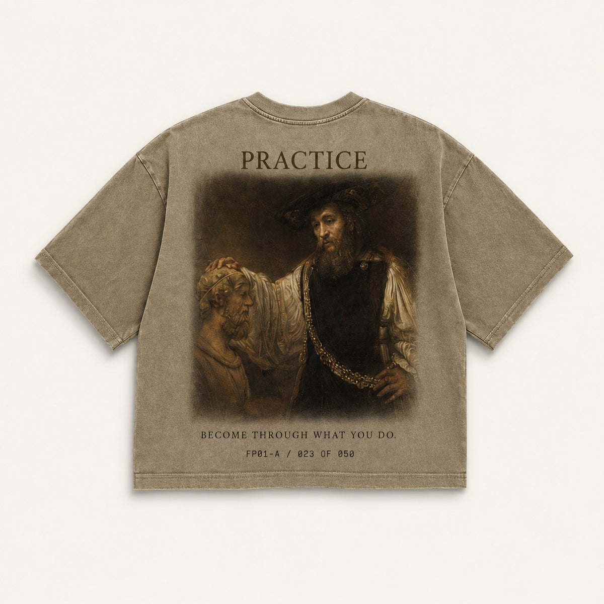 Generated PRACTICE / Aristotle concept: back of a khaki oversized shirt with a fully clothed figure beside a sculpted bust, inspired by Rembrandt.