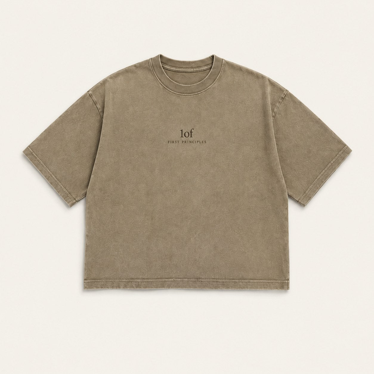 Generated PRACTICE concept: front of a khaki oversized shirt with a small 1of / FIRST PRINCIPLES chest mark.